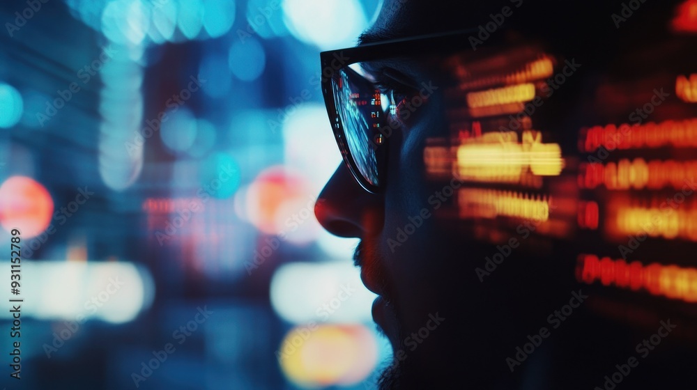 Man with Glasses Gazing at City Lights Reflected in His Lenses Man with Glasses Gazing at City Lights Reflected in His Lenses