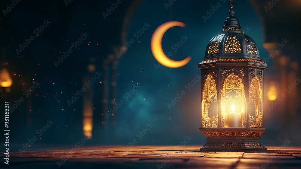 Ornate Ramadan Lantern with Crescent Moon Ornate Ramadan Lantern with Crescent Moon