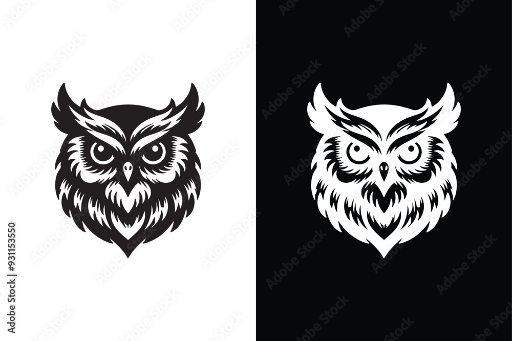 Fototapeta premium owl head silhouette vector style with black and white background.