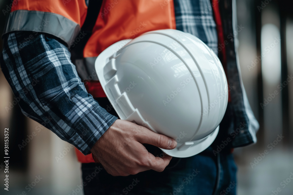 man wearing a safety helmet and orange vest. He is holding the helmet in his hand. Concept of safety and caution, as the man is wearing protective gear while working man wearing a safety helmet and orange vest. He is holding the helmet in his hand. Concept of safety and caution, as the man is wearing protective gear while working