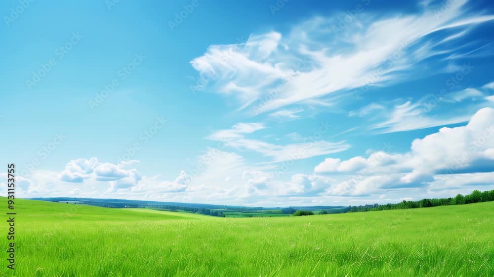 Vibrant green field under a blue sky with fluffy clouds in the countryside during a sunny day Vibrant green field under a blue sky with fluffy clouds in the countryside during a sunny day