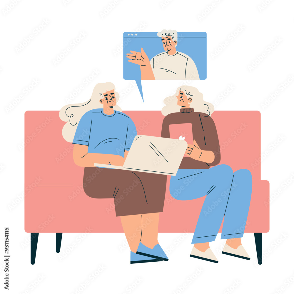 New Technologies with Senior Woman Character at Laptop Have Video Call Vector Illustration New Technologies with Senior Woman Character at Laptop Have Video Call Vector Illustration