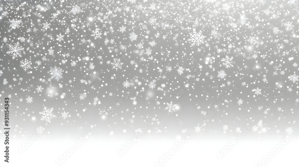 A serene winter scene with falling snowflakes on a gray background. A serene winter scene with falling snowflakes on a gray background.
