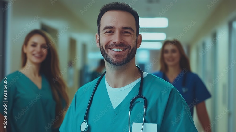Smiling medical staff in hospital corridor. copy space for text. Smiling medical staff in hospital corridor. copy space for text.