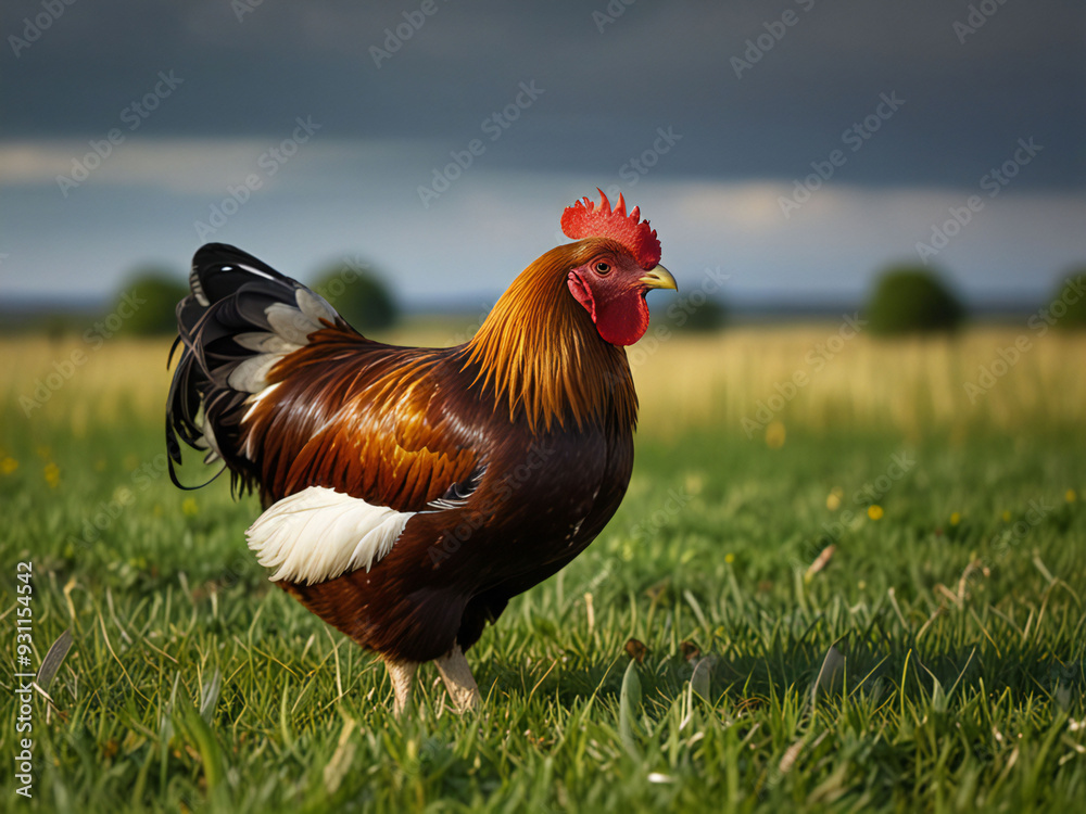 Fototapeta premium Chickens grazing on a pasture