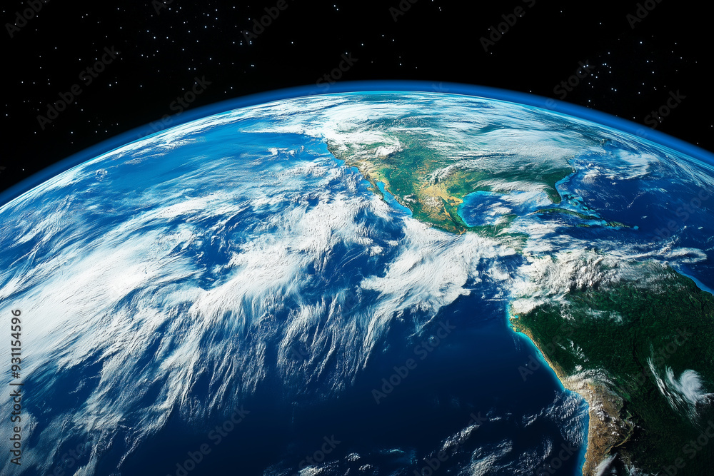 Fototapeta premium blue and white planet with a white cloud in the sky. The planet is surrounded by stars and the sky is dark