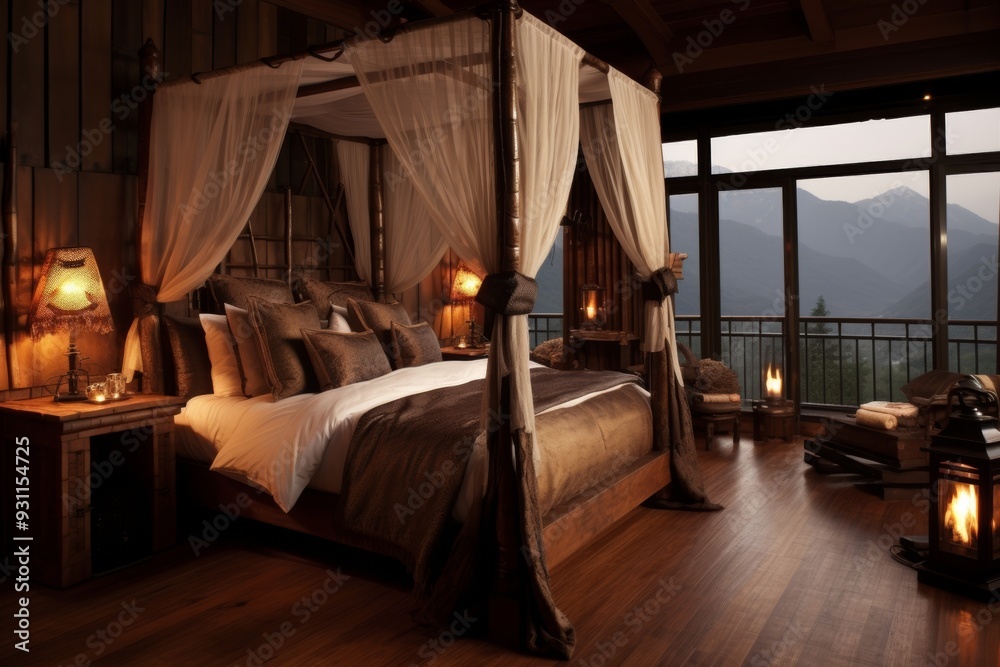 Wooden bed in a beautiful hotel. Against the background of the forest Wooden bed in a beautiful hotel. Against the background of the forest