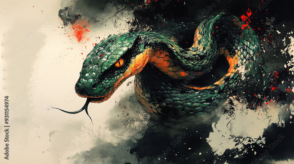Illustration of a green snake. Chinese painting, Anime style, game style, Comic style. Illustration of a green snake. Chinese painting, Anime style, game style, Comic style.