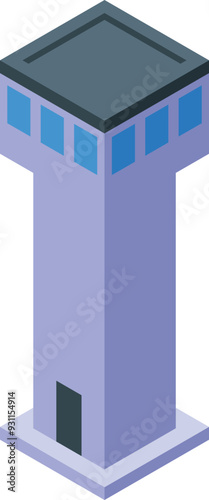 Illustration of an airport control tower managing air traffic in an isometric style