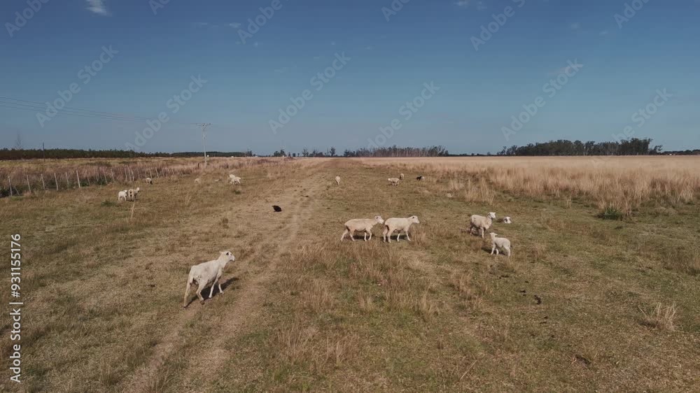 A small group of white sheep wander through a farm field on a clear sunny day A small group of white sheep wander through a farm field on a clear sunny day