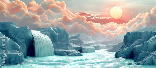 A Cascading Waterfall Flows Down a Rugged Cliff Against a Vibrant Pastel Sky