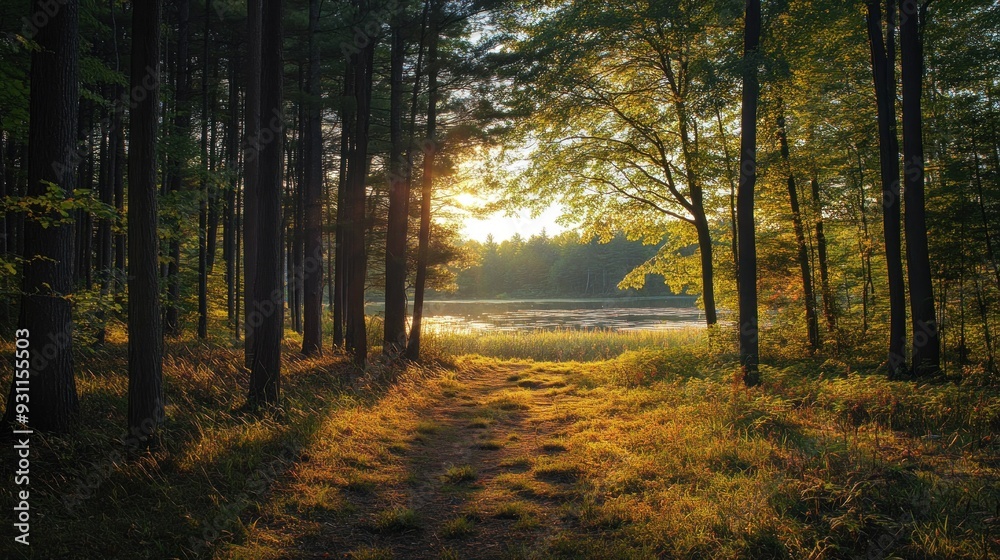 Sunlit Path through Forest Leading to a Lake Sunlit Path through Forest Leading to a Lake