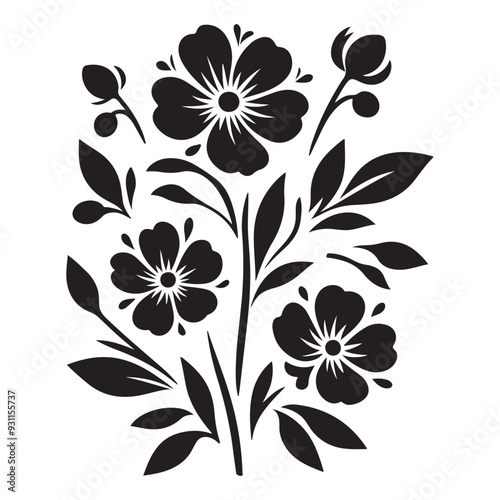 Vector black silhouettes of flowers isolated on a white background, Flowers silhouette, vector images illustration