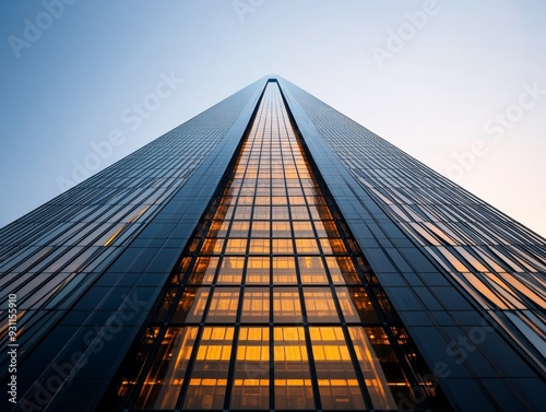 Wallpaper Mural A towering skyscraper with a glass facade, illuminated by the setting sun, reaches for the clear blue sky. Torontodigital.ca
