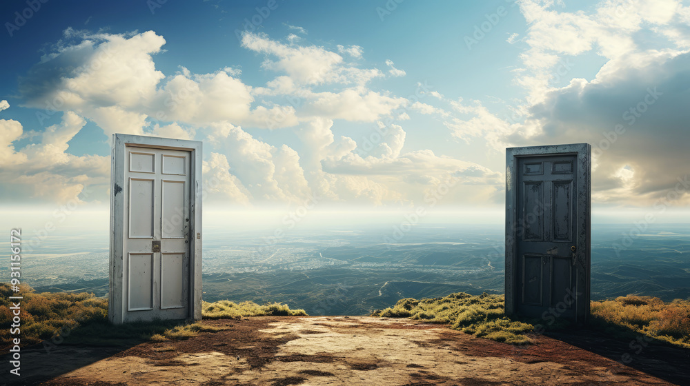 generated illustration of a door leading to a desert field and sunrise generated illustration of a door leading to a desert field and sunrise