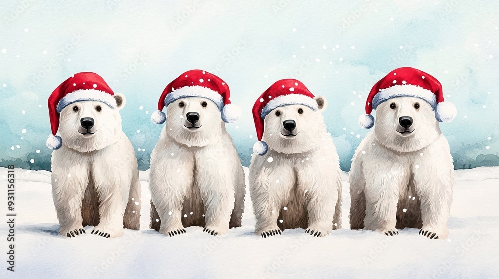 A whimsical scene of four polar bears wearing festive Christmas hats, set against a snowy backdrop, perfect for holiday themes. A whimsical scene of four polar bears wearing festive Christmas hats, set against a snowy backdrop, perfect for holiday themes.