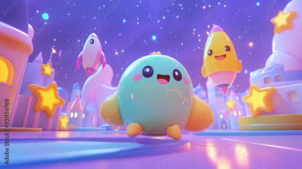 A cute, cartoonish creature in a whimsical, starry landscape with floating objects. A cute, cartoonish creature in a whimsical, starry landscape with floating objects.