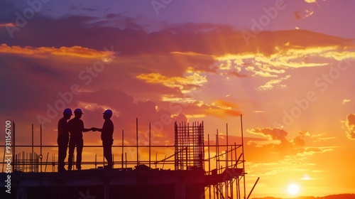 Construction Workers Silhouetted Against a Vibrant Sunset