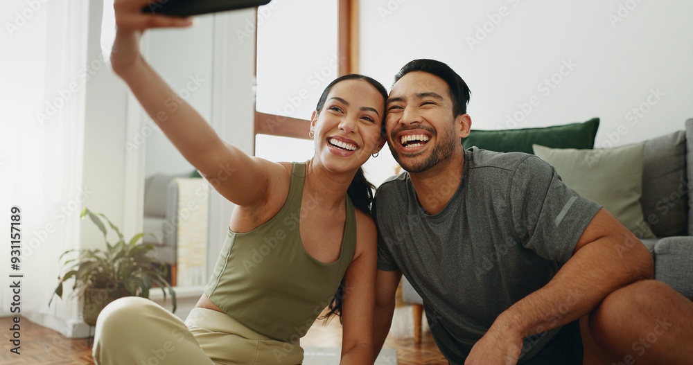 Excited couple, fitness and selfie with memory for workout, exercise or indoor training together at home. Happy man or young woman with smile for photography, picture or moment in health and wellness Excited couple, fitness and selfie with memory for workout, exercise or indoor training together at home. Happy man or young woman with smile for photography, picture or moment in health and wellness