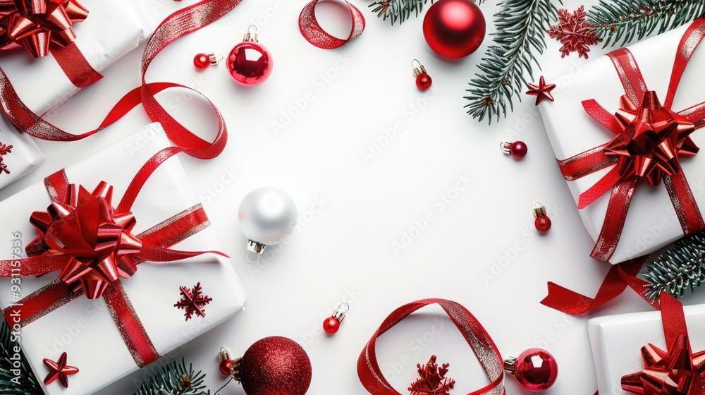 Christmas Gifts with Red Ribbons and Decorations Christmas Gifts with Red Ribbons and Decorations