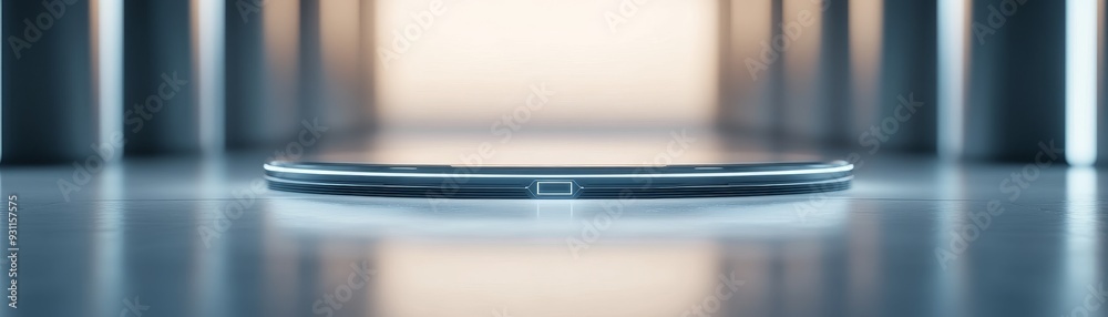 Futuristic scene featuring a sleek, illuminated platform, emphasizing modern design and technology in a minimalist environment.
