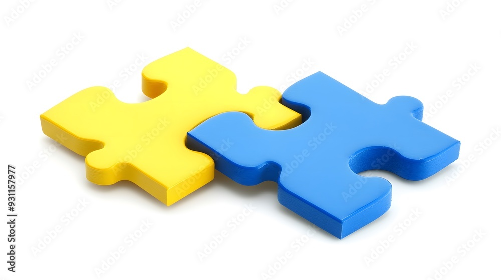 Two colored puzzle pieces connecting on a white background, symbolizing collaboration and connection in educational planning for special needs students, emphasizing inclusivity and teamwork
