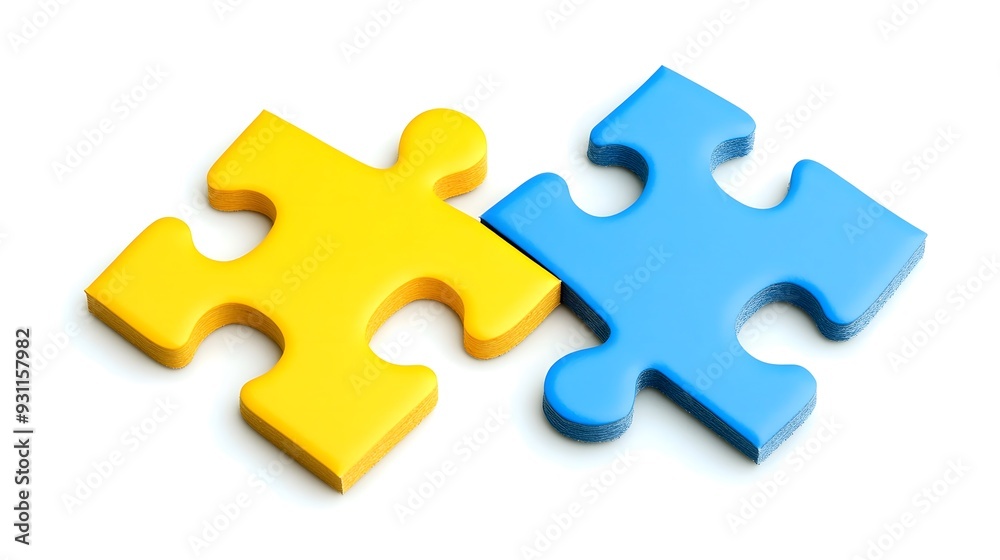 Two colored puzzle pieces connecting on a white background, symbolizing collaboration and connection in educational planning for special needs students, emphasizing inclusivity and teamwork Two colored puzzle pieces connecting on a white background, symbolizing collaboration and connection in educational planning for special needs students, emphasizing inclusivity and teamwork
