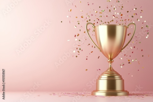 Golden trophy with confetti celebration on pink background