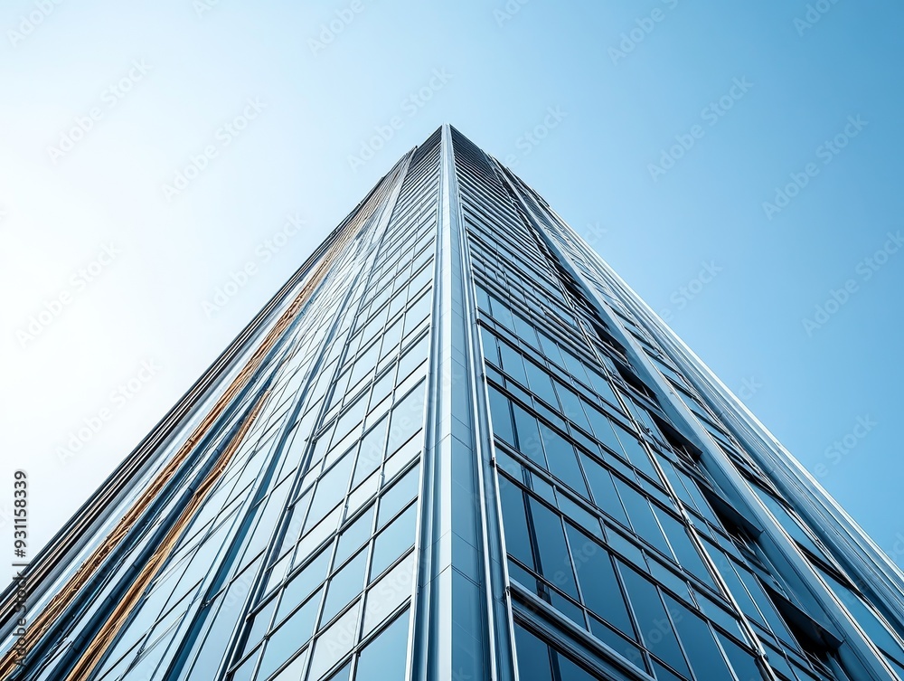 Low angle view of a modern skyscraper against a clear blue sky. Low angle view of a modern skyscraper against a clear blue sky.