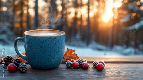 steaming cup of hot coffee sits on a wooden table, exuding warmth and comfort. The rising steam creates a cozy, inviting atmosphere, symbolizing relaxation, tranquility, and a peaceful moment of refle photo