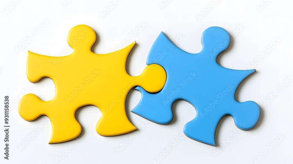 Two colored puzzle pieces connecting on a white background, symbolizing collaboration and connection in educational planning for special needs students, emphasizing inclusivity and teamwork Two colored puzzle pieces connecting on a white background, symbolizing collaboration and connection in educational planning for special needs students, emphasizing inclusivity and teamwork