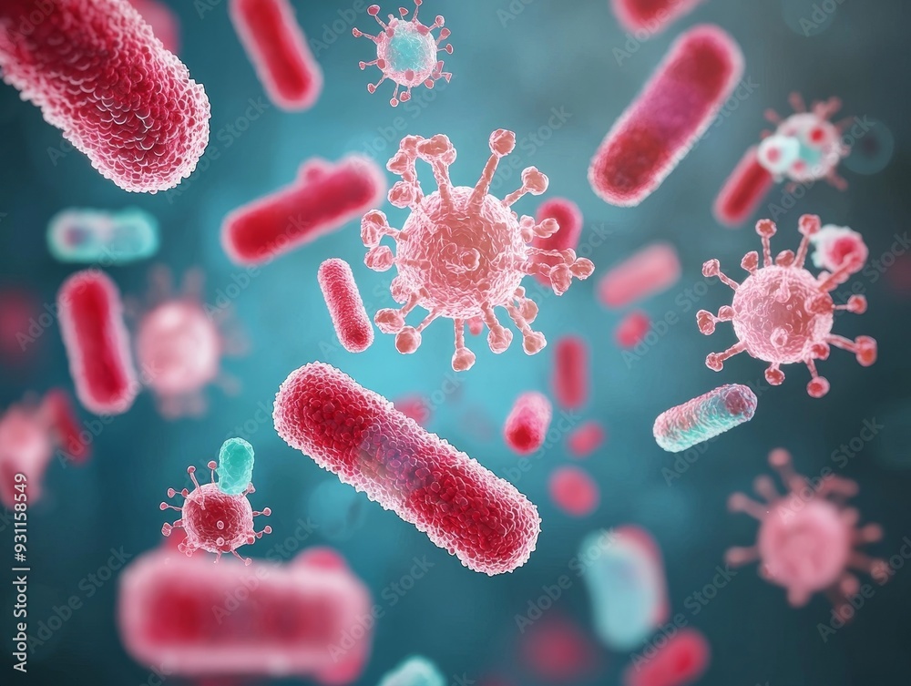 Microscopic view of bacteria and viruses, illustrating the concept of infection and disease. Microscopic view of bacteria and viruses, illustrating the concept of infection and disease.