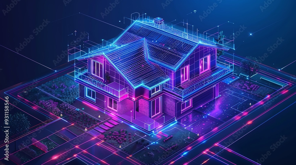 Futuristic smart home illustration with neon lights, depicting advanced technology and innovation in modern housing and urban development. Futuristic smart home illustration with neon lights, depicting advanced technology and innovation in modern housing and urban development.