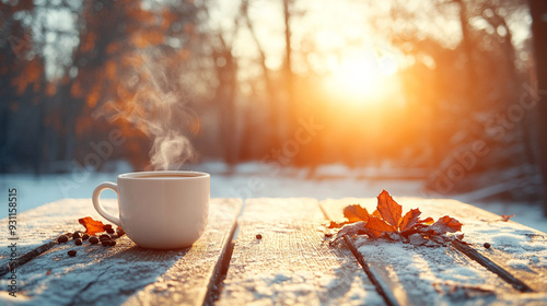 steaming cup of hot coffee sits on a wooden table, exuding warmth and comfort. The rising steam creates a cozy, inviting atmosphere, symbolizing relaxation, tranquility, and a peaceful moment of refle photo