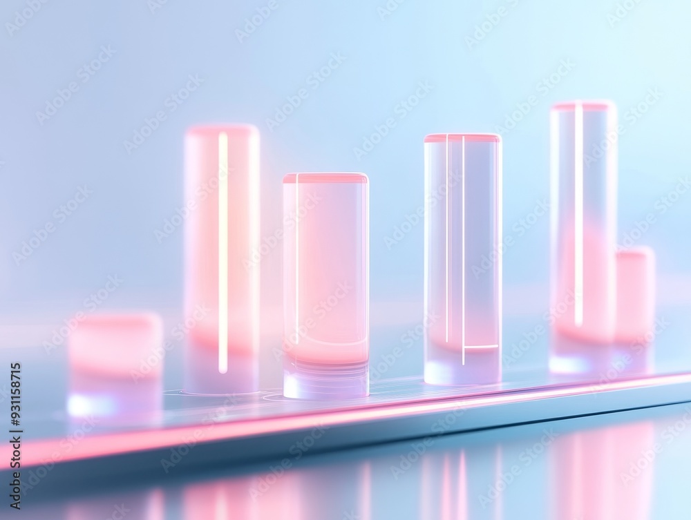 Modern abstract composition with glowing transparent cylinders on a reflective surface in soft pastel colors. Modern abstract composition with glowing transparent cylinders on a reflective surface in soft pastel colors.