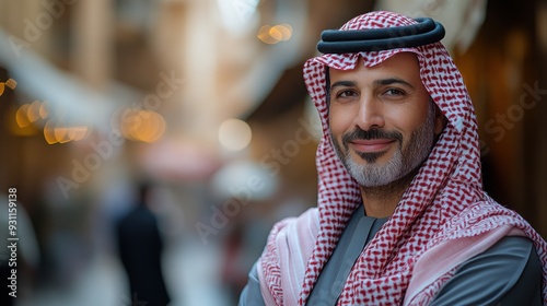 Portrait of a Smiling Saudi Man in Traditional Attire with Arms Crossed, Standing Against the Background of an Old City, High-Resolution Stock Photo

