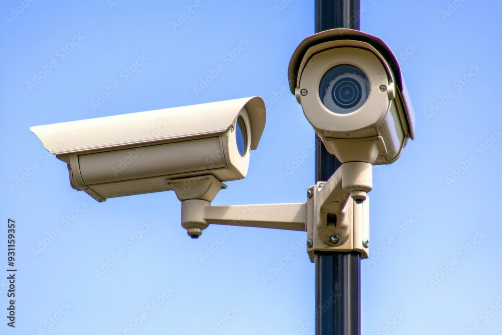 Security cameras monitoring blue sky background Security cameras monitoring blue sky background