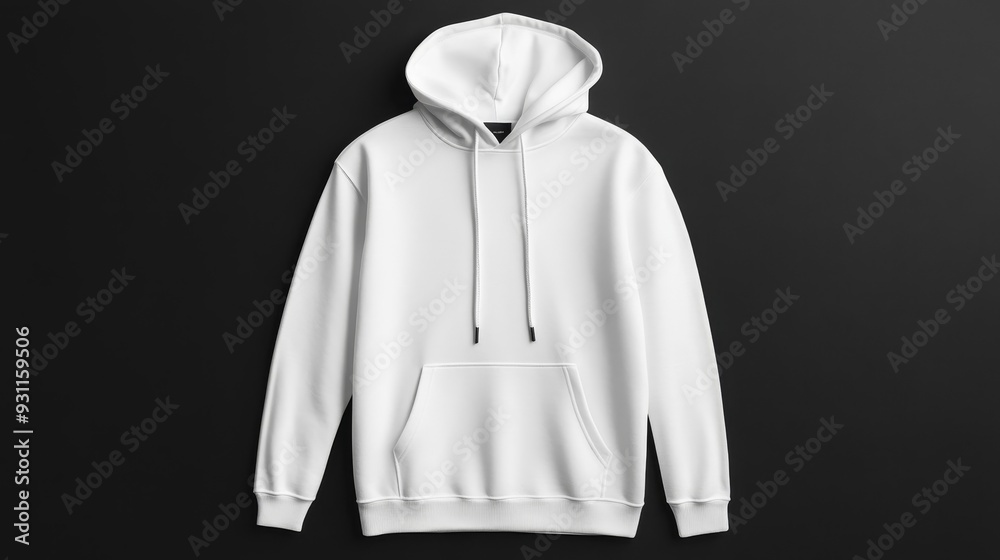 White hoodie with drawstring hood and front pocket, isolated on black background. Perfect for design mockups. White hoodie with drawstring hood and front pocket, isolated on black background. Perfect for design mockups.