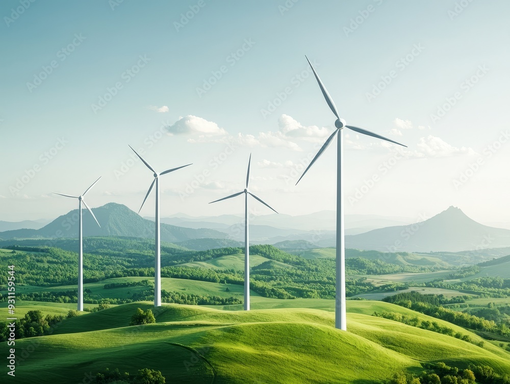 Wind turbines stand tall on a hillside, generating clean energy amidst rolling green hills and a clear blue sky. Wind turbines stand tall on a hillside, generating clean energy amidst rolling green hills and a clear blue sky.