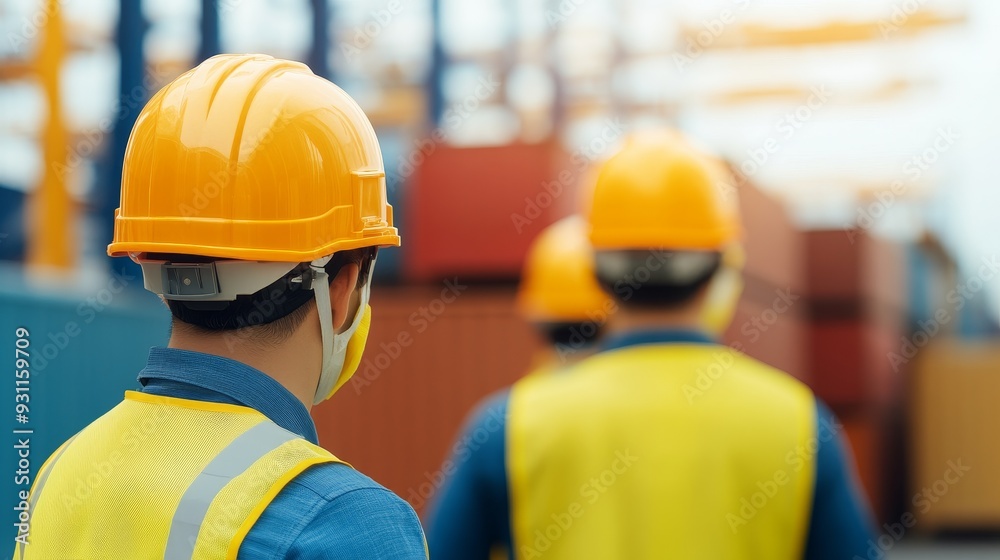 Workers in hard hats and vests stand in a shipyard with cargo containers in the background. Workers in hard hats and vests stand in a shipyard with cargo containers in the background.