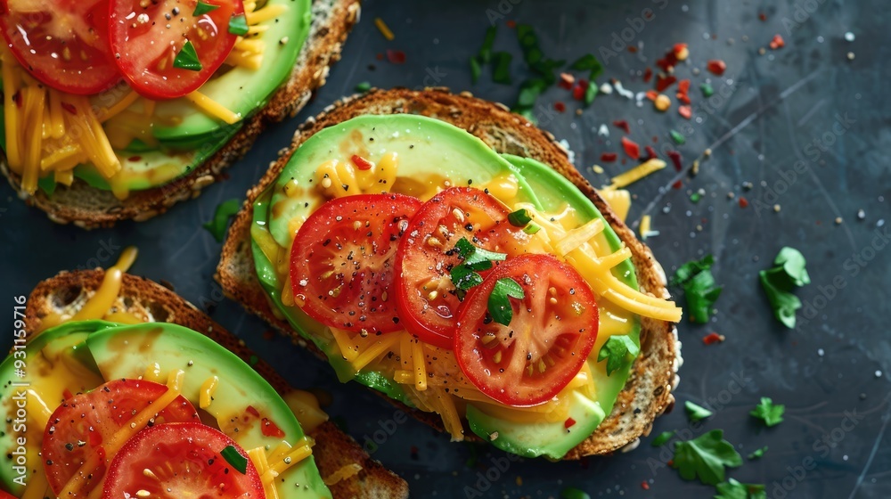 Avocado cheddar and tomato toast Vegetarian sandwiches Plant based whole foods Ideal for breakfast or lunch
