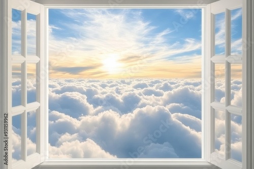 Serene cloudscape view open window at sunrise
