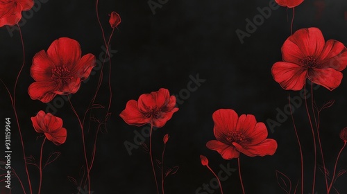 A dark background adorned with vibrant red flowers, creating a striking visual contrast.