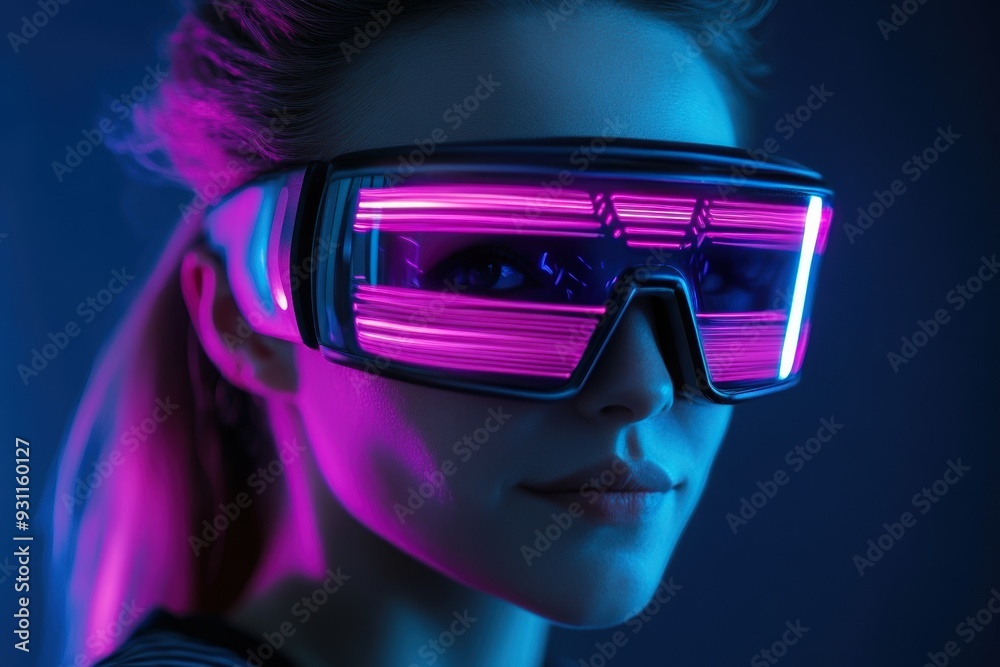 Futuristic cyberpunk woman with glowing neon glasses Futuristic cyberpunk woman with glowing neon glasses