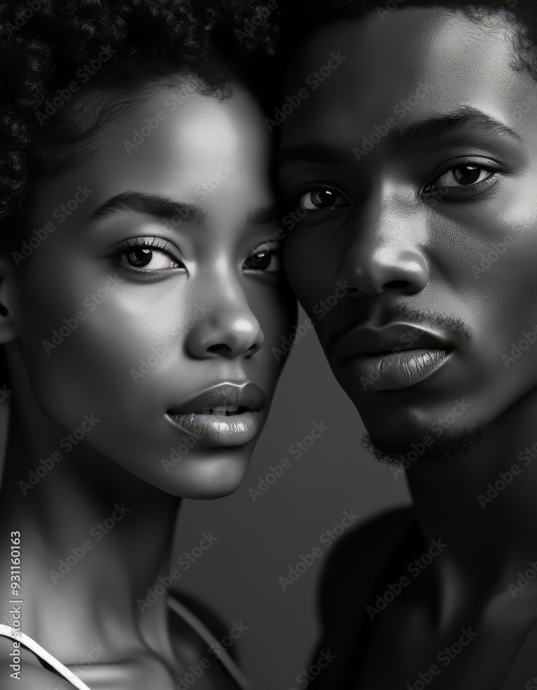 Close-up of a young Black man and woman looking directly into the camera with serious expressions. Close-up of a young Black man and woman looking directly into the camera with serious expressions.