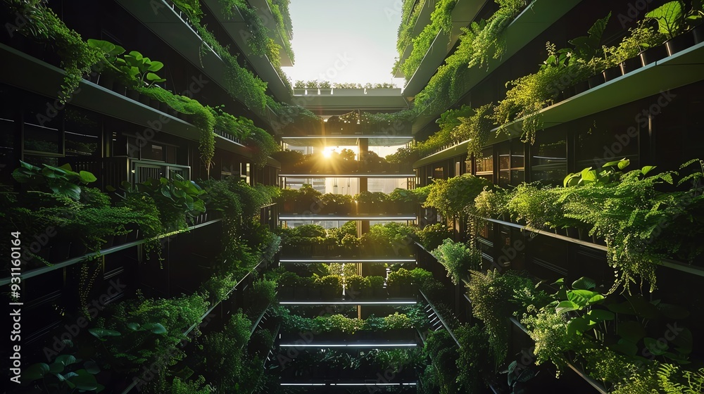 A vertical garden with lush greenery bathed in sunlight, showcasing modern sustainable architecture and urban farming. A vertical garden with lush greenery bathed in sunlight, showcasing modern sustainable architecture and urban farming.