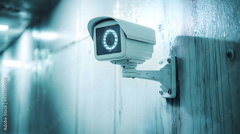 A surveillance camera mounted on a wall in a dimly lit area. A surveillance camera mounted on a wall in a dimly lit area.