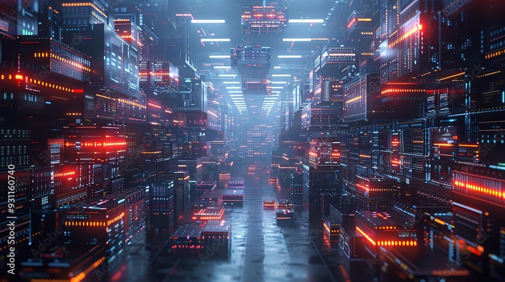 Fototapeta premium Abstract cyber world with rows of multiple stacks of boxes and merchandise, futuristic warehouse 