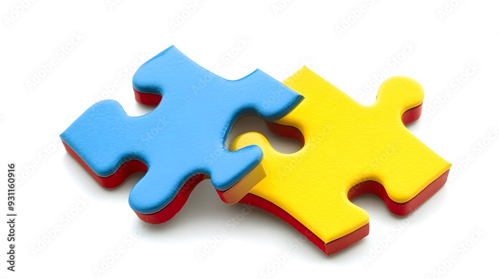 Two colored puzzle pieces connecting on a white background, symbolizing collaboration and connection in educational planning for special needs students, emphasizing inclusivity and teamwork Two colored puzzle pieces connecting on a white background, symbolizing collaboration and connection in educational planning for special needs students, emphasizing inclusivity and teamwork