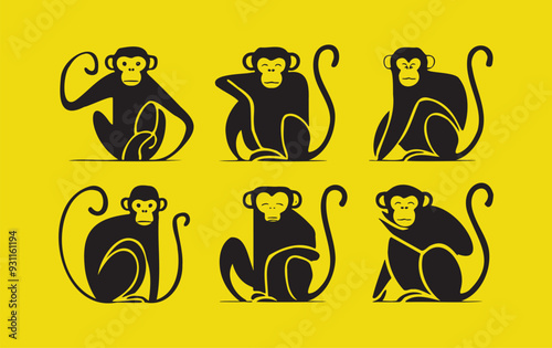 Set of minimalist creative flat monkey in different style, monkey in different poses isolated on yellow background
